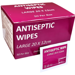 Antiseptic First Aid Wound Wipes 12cm x 20cm Box of 50 Individually Sealed