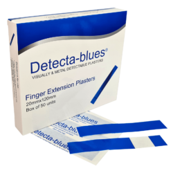 Detecta-Blue, Visual And Metal Detectable Plasters Blue Plasters Finger extension Shape Box 50