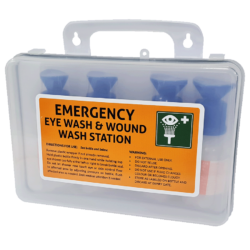 Eye Wash Station  03 Clear Wall Mountable Plastic Box with 4 100ml eye wash ready to use bottles and mirror